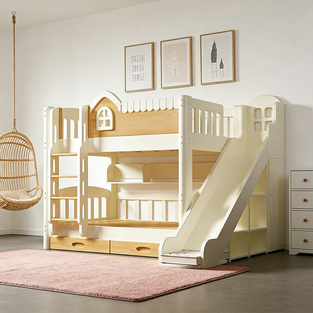 LUXORA 135/150cm Kids Slide & Ladder Bed - All-in-One Storage System, Solid Wood Frame, Slide and Wardrobe Combo Design - White