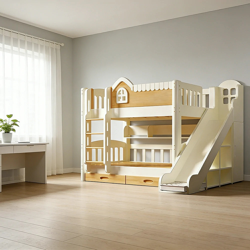 LUXORA 135/150cm Kids Slide & Ladder Bed - All-in-One Storage System, Solid Wood Frame, Slide and Wardrobe Combo Design - White