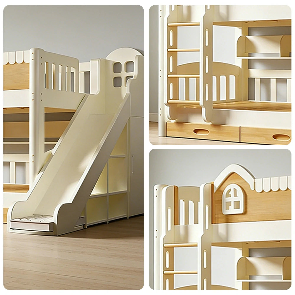 LUXORA 135/150cm Kids Slide & Ladder Bed - All-in-One Storage System, Solid Wood Frame, Slide and Wardrobe Combo Design - White