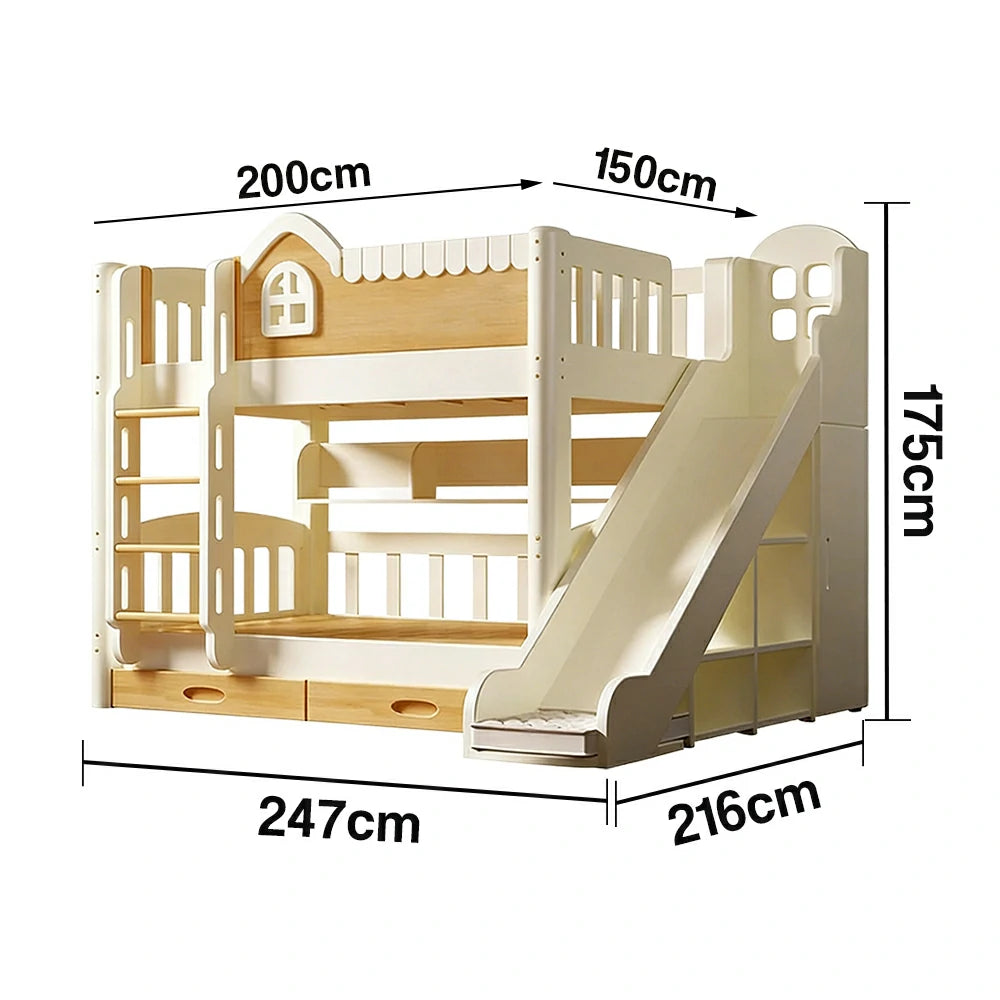 LUXORA 135/150cm Kids Slide & Ladder Bed - All-in-One Storage System, Solid Wood Frame, Slide and Wardrobe Combo Design - White