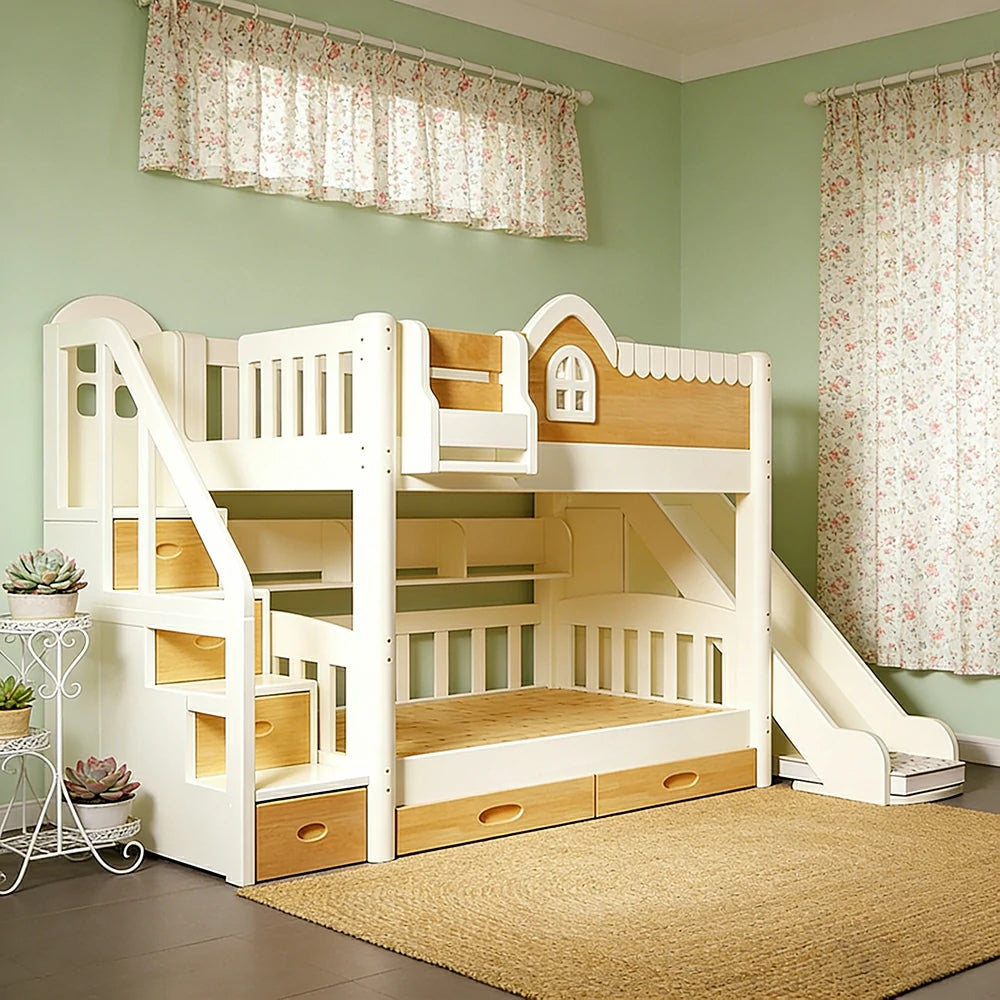 LUXORA 135/150cm Kids Slide & Storage Stair Bed - All-in-One Storage System, Solid Wood Frame, Slide and Wardrobe Combo Design - White