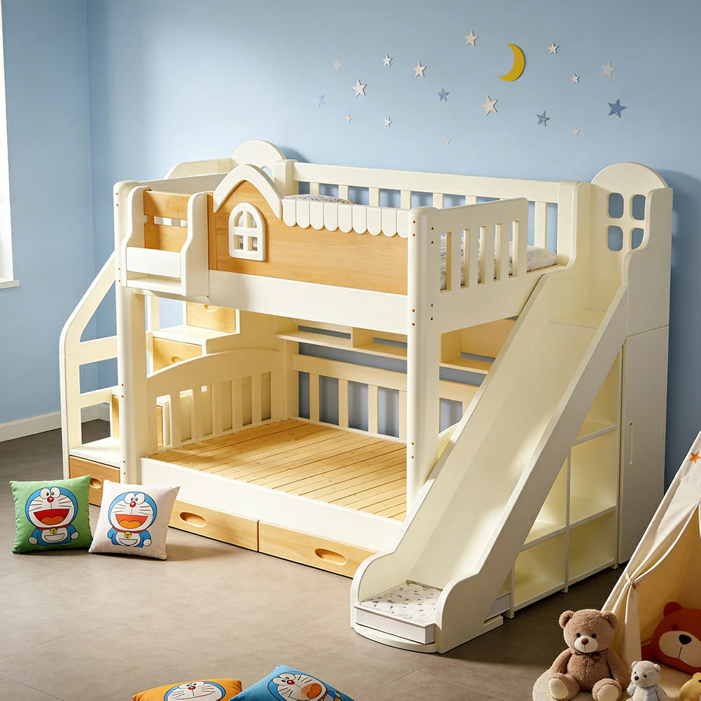 LUXORA 135/150cm Kids Slide & Storage Stair Bed - All-in-One Storage System, Solid Wood Frame, Slide and Wardrobe Combo Design - White