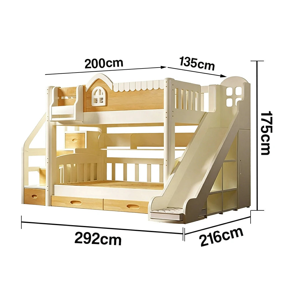 LUXORA 135/150cm Kids Slide & Storage Stair Bed - All-in-One Storage System, Solid Wood Frame, Slide and Wardrobe Combo Design - White
