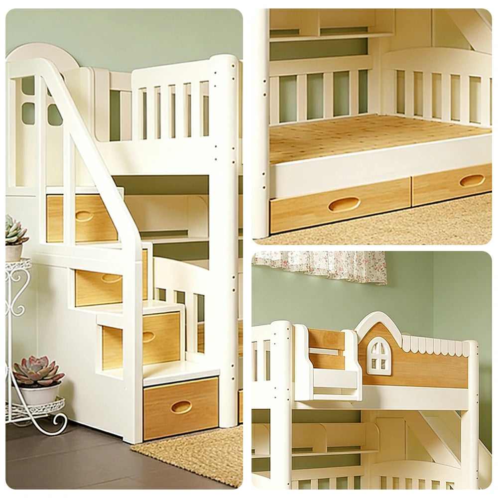 LUXORA 135/150cm Kids Slide & Storage Stair Bed - All-in-One Storage System, Solid Wood Frame, Slide and Wardrobe Combo Design - White
