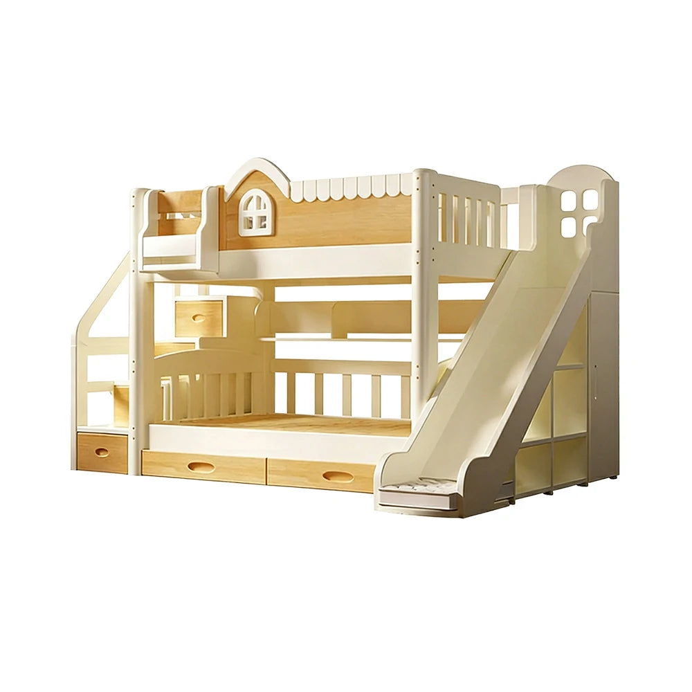 LUXORA 135/150cm Kids Slide & Storage Stair Bed - All-in-One Storage System, Solid Wood Frame, Slide and Wardrobe Combo Design - White