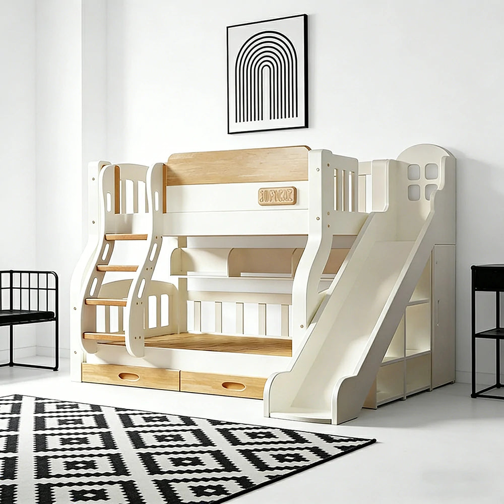 LUXORA 135/150cm Kids Slide & Ladder Bed - Safe Climbing Design, Solid Wood Frame, Space-Saving Stair Storage - White