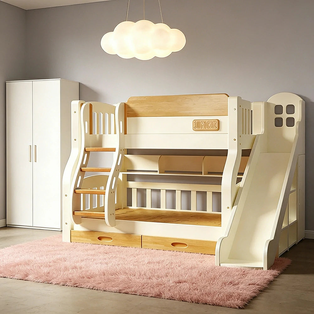 LUXORA 135/150cm Kids Slide & Ladder Bed - Safe Climbing Design, Solid Wood Frame, Space-Saving Stair Storage - White