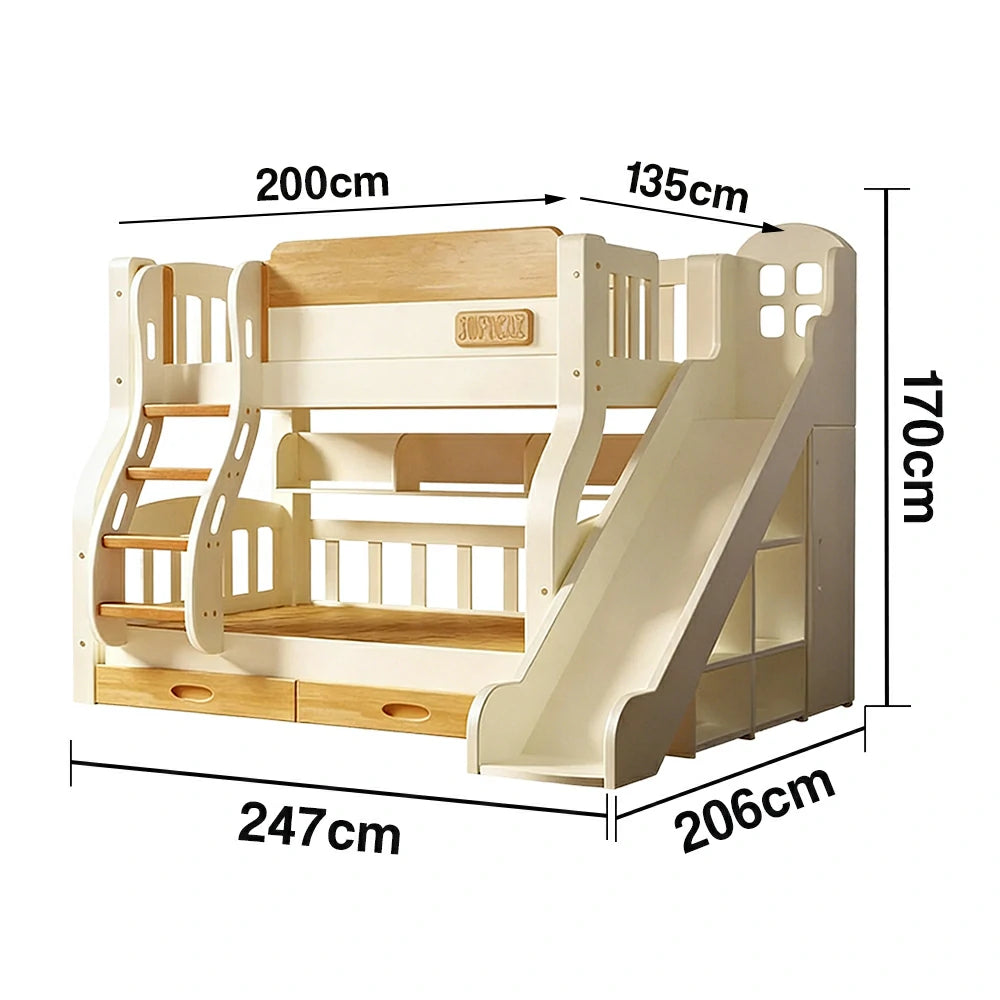 LUXORA 135/150cm Kids Slide & Ladder Bed - Safe Climbing Design, Solid Wood Frame, Space-Saving Stair Storage - White