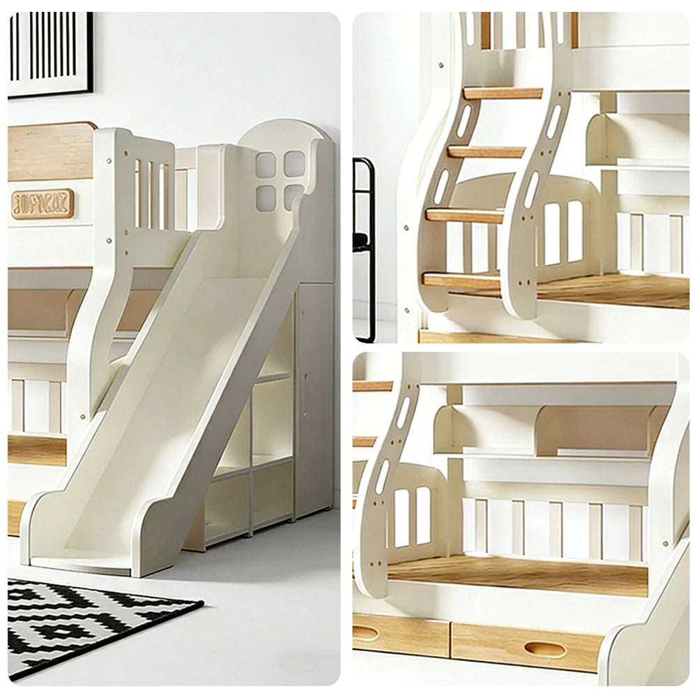 LUXORA 135/150cm Kids Slide & Ladder Bed - Safe Climbing Design, Solid Wood Frame, Space-Saving Stair Storage - White