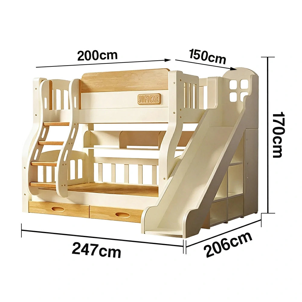 LUXORA 135/150cm Kids Slide & Ladder Bed - Safe Climbing Design, Solid Wood Frame, Space-Saving Stair Storage - White