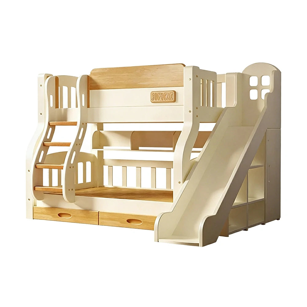 LUXORA 135/150cm Kids Slide & Ladder Bed - Safe Climbing Design, Solid Wood Frame, Space-Saving Stair Storage - White