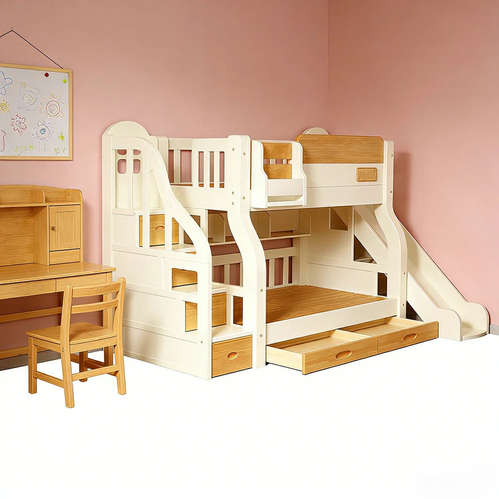 LUXORA 135/150cm Kids Slide & Storage Stair Bed - Safe Climbing Design, Solid Wood Frame, Space-Saving Stair Storage - White