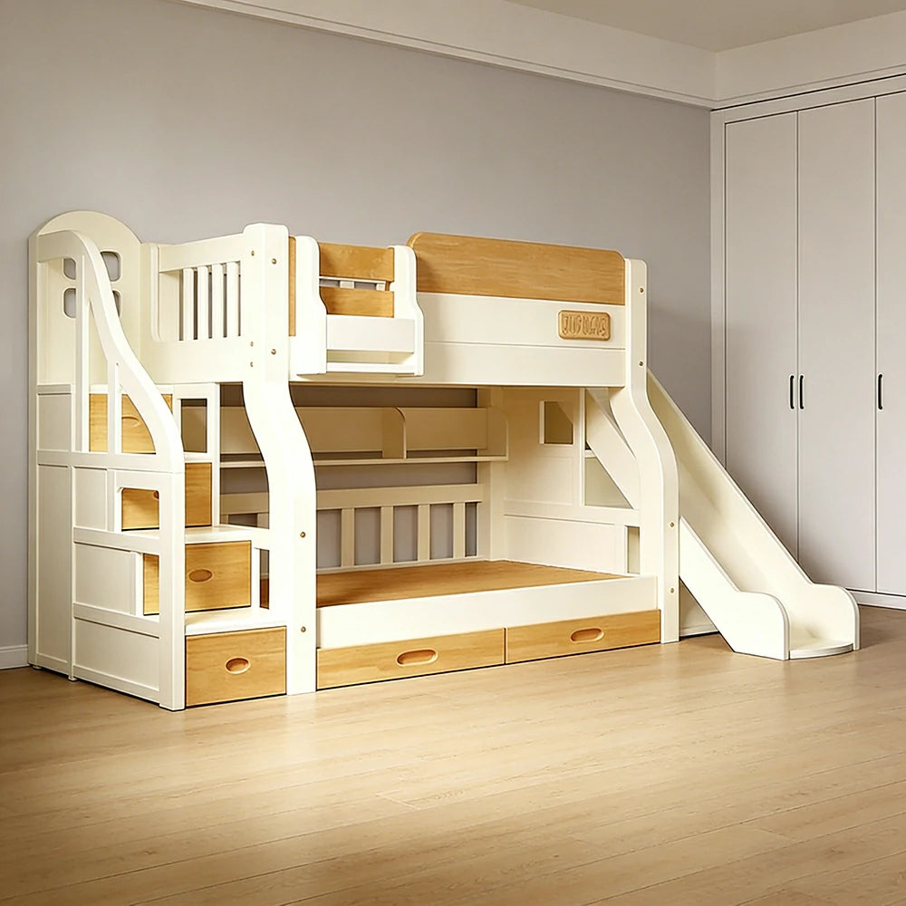 LUXORA 135/150cm Kids Slide & Storage Stair Bed - Safe Climbing Design, Solid Wood Frame, Space-Saving Stair Storage - White