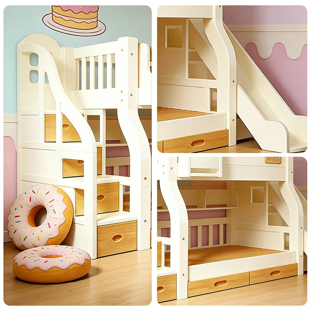 LUXORA 135/150cm Kids Slide & Storage Stair Bed - Safe Climbing Design, Solid Wood Frame, Space-Saving Stair Storage - White