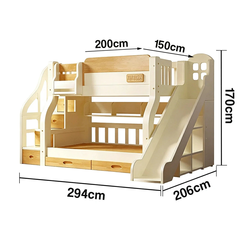 LUXORA 135/150cm Kids Slide & Storage Stair Bed - Safe Climbing Design, Solid Wood Frame, Space-Saving Stair Storage - White