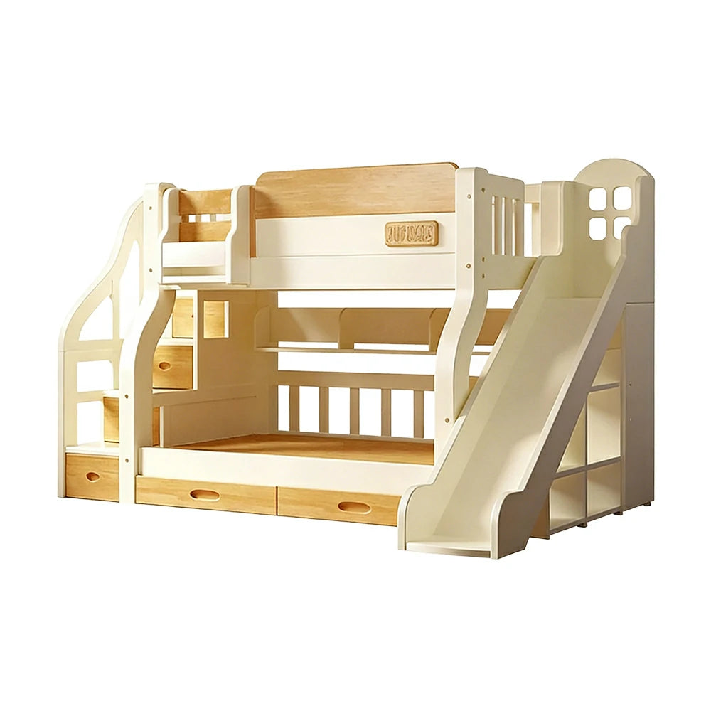 LUXORA 135/150cm Kids Slide & Storage Stair Bed - Safe Climbing Design, Solid Wood Frame, Space-Saving Stair Storage - White