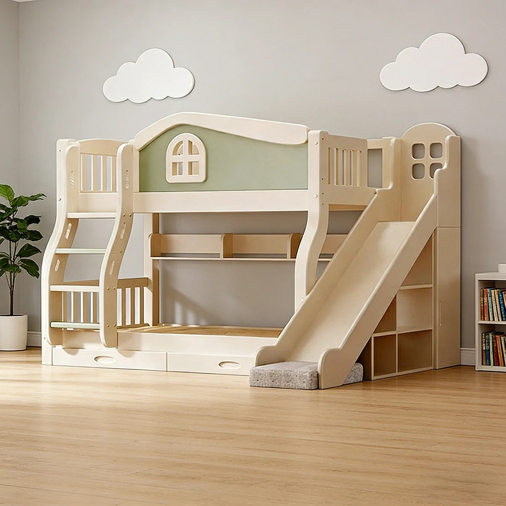 LUXORA 120/135/150cm Kids Slide & Ladder Bed - Play & Sleep Combo, Solid Wood Frame, Fun and Storage in One - Green