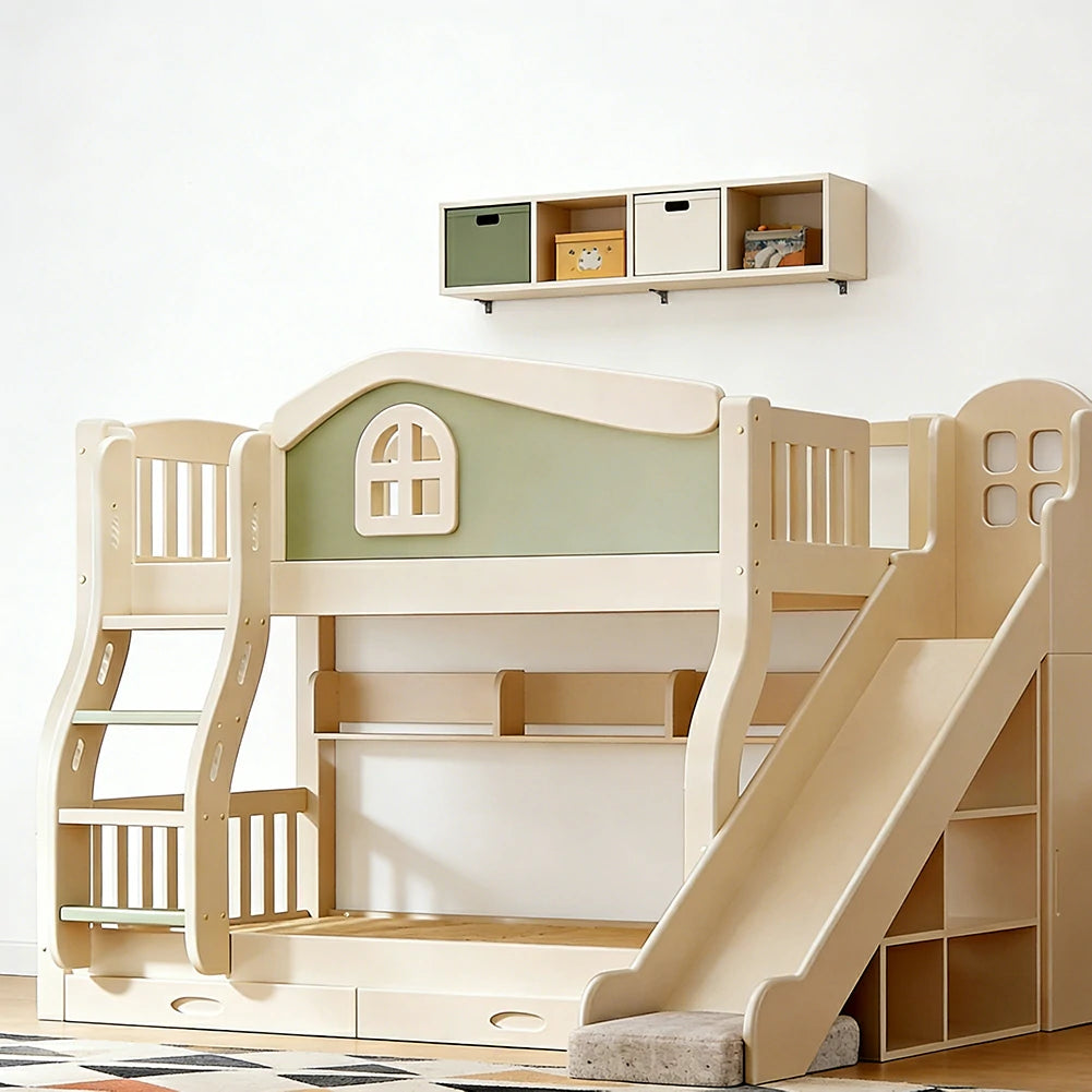LUXORA 120/135/150cm Kids Slide & Ladder Bed - Play & Sleep Combo, Solid Wood Frame, Fun and Storage in One - Green