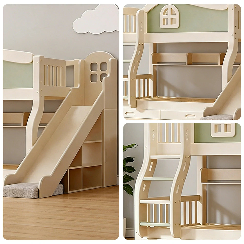 LUXORA 120/135/150cm Kids Slide & Ladder Bed - Play & Sleep Combo, Solid Wood Frame, Fun and Storage in One - Green