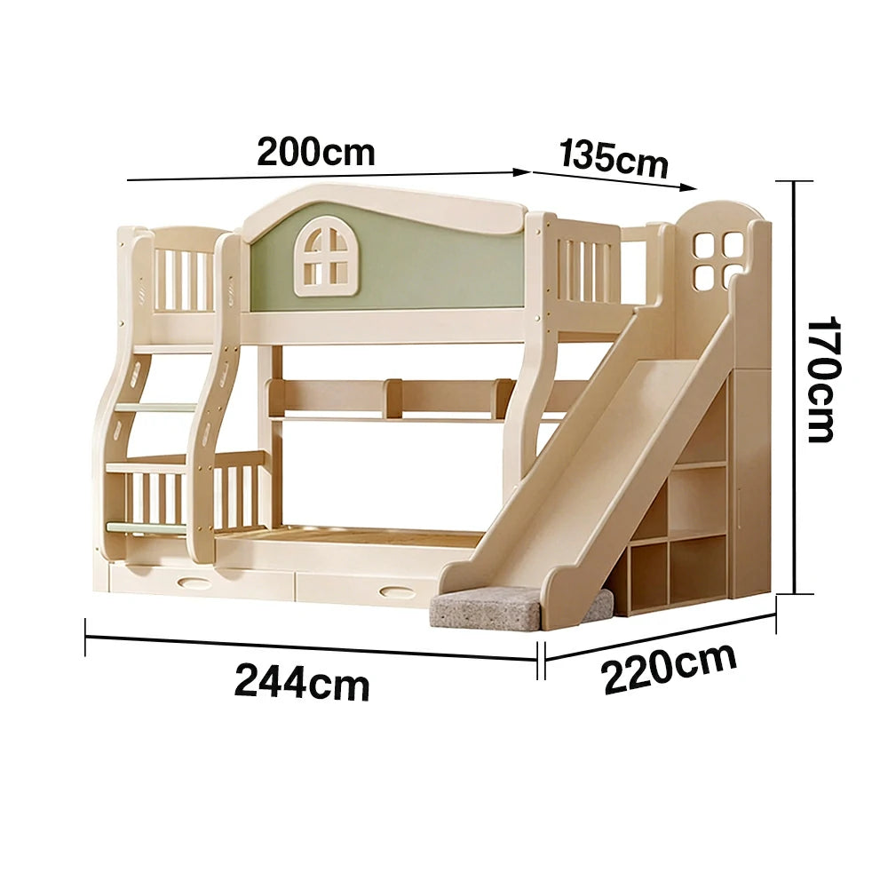 LUXORA 120/135/150cm Kids Slide & Ladder Bed - Play & Sleep Combo, Solid Wood Frame, Fun and Storage in One - Green