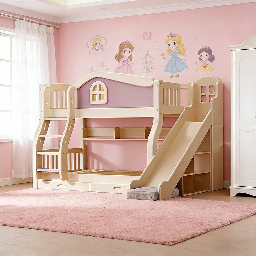 LUXORA 120/135/150cm Kids Slide & Ladder Bed - Play & Sleep Combo, Solid Wood Frame, Fun and Storage in One - Purple
