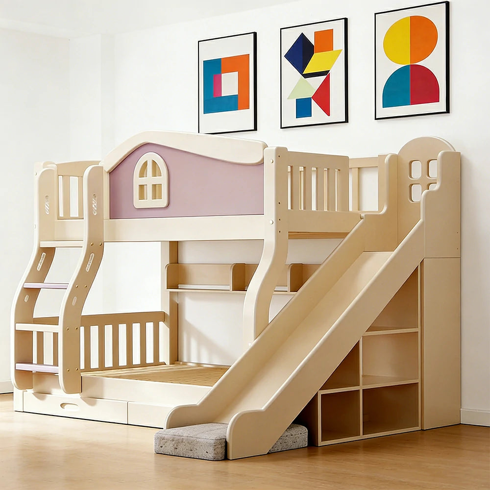 LUXORA 120/135/150cm Kids Slide & Ladder Bed - Play & Sleep Combo, Solid Wood Frame, Fun and Storage in One - Purple