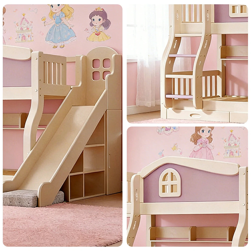 LUXORA 120/135/150cm Kids Slide & Ladder Bed - Play & Sleep Combo, Solid Wood Frame, Fun and Storage in One - Purple