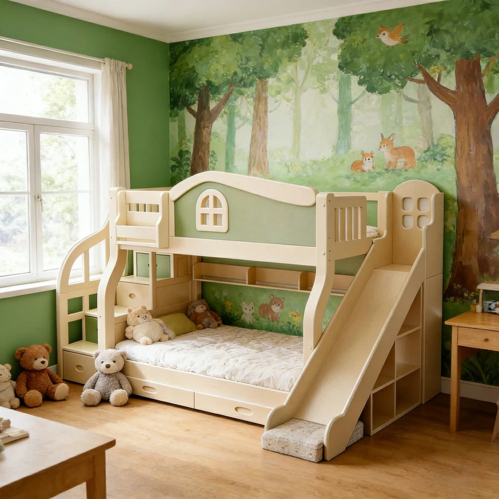 LUXORA 120/135/150cm Kids Slide & Storage Stair Bed - Play & Sleep Combo, Solid Wood Frame, Fun and Storage in One - Green