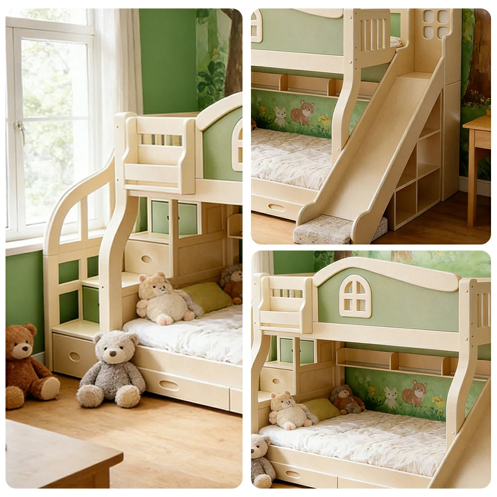 LUXORA 120/135/150cm Kids Slide & Storage Stair Bed - Play & Sleep Combo, Solid Wood Frame, Fun and Storage in One - Green
