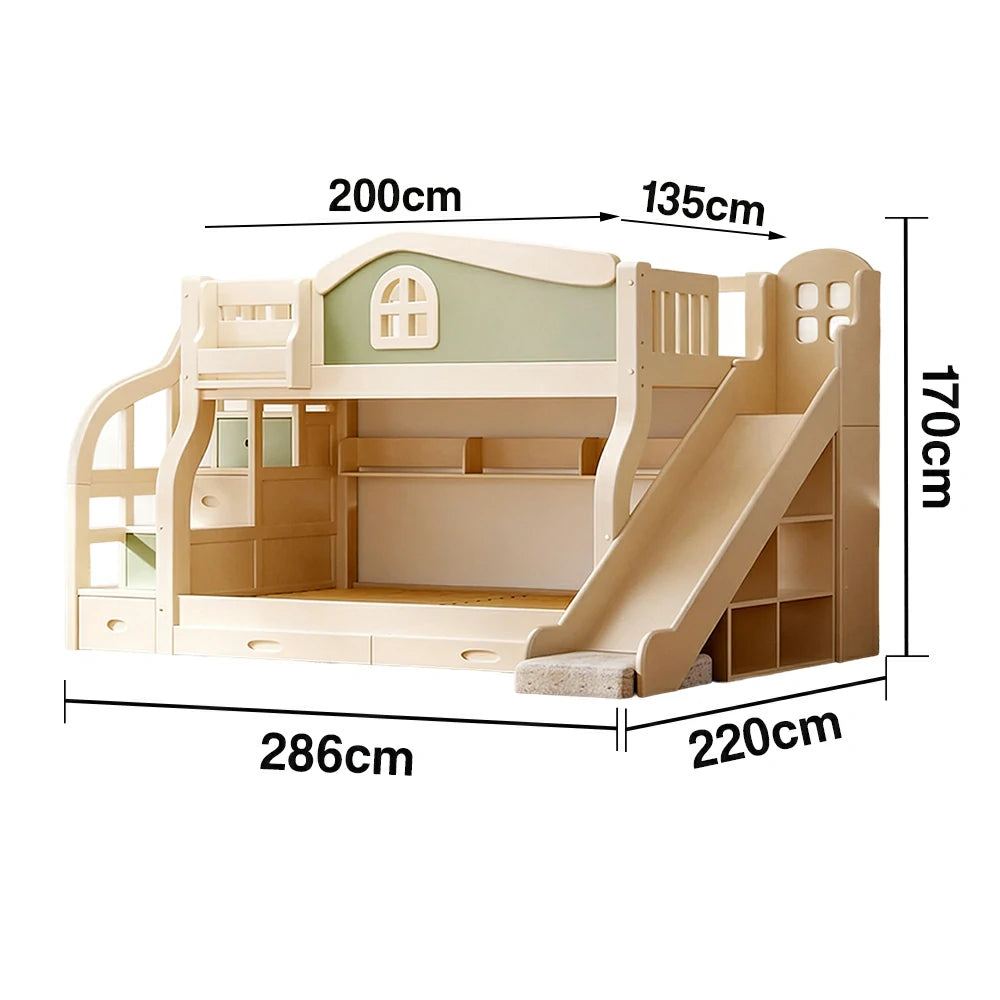 LUXORA 120/135/150cm Kids Slide & Storage Stair Bed - Play & Sleep Combo, Solid Wood Frame, Fun and Storage in One - Green