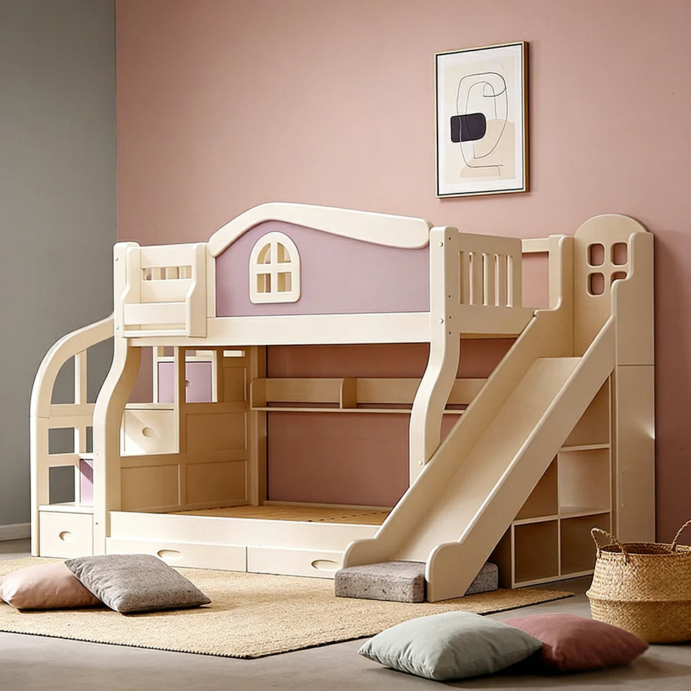 LUXORA 120/135/150cm Kids Slide & Storage Stair Bed - Play & Sleep Combo, Solid Wood Frame, Fun and Storage in One - Purple