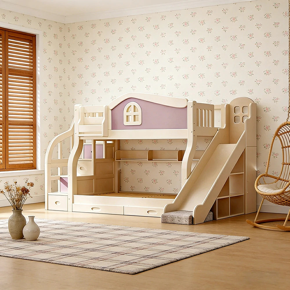 LUXORA 120/135/150cm Kids Slide & Storage Stair Bed - Play & Sleep Combo, Solid Wood Frame, Fun and Storage in One - Purple
