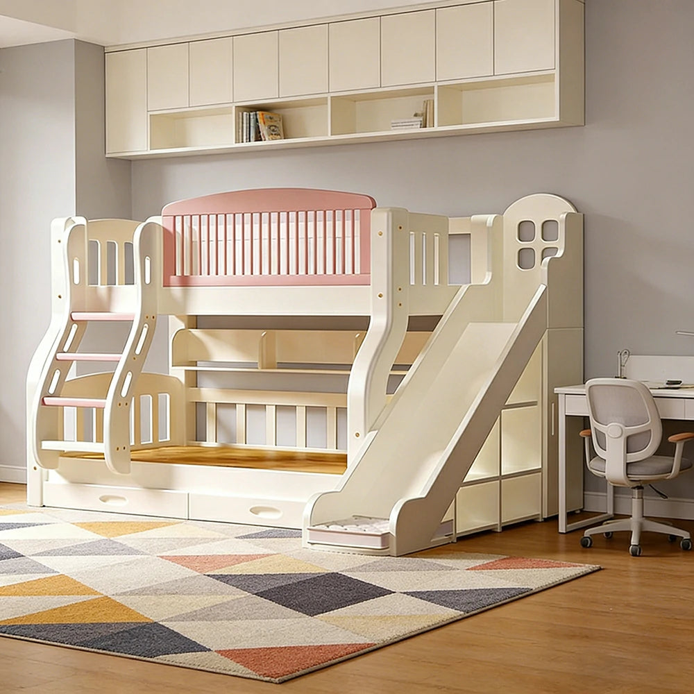 LUXORA 120/135/150cm Kids Slide & Ladder Bed - Grow-With-Your-Child Design, Solid Wood Frame, Safe Play and Sleep Combo - Pink