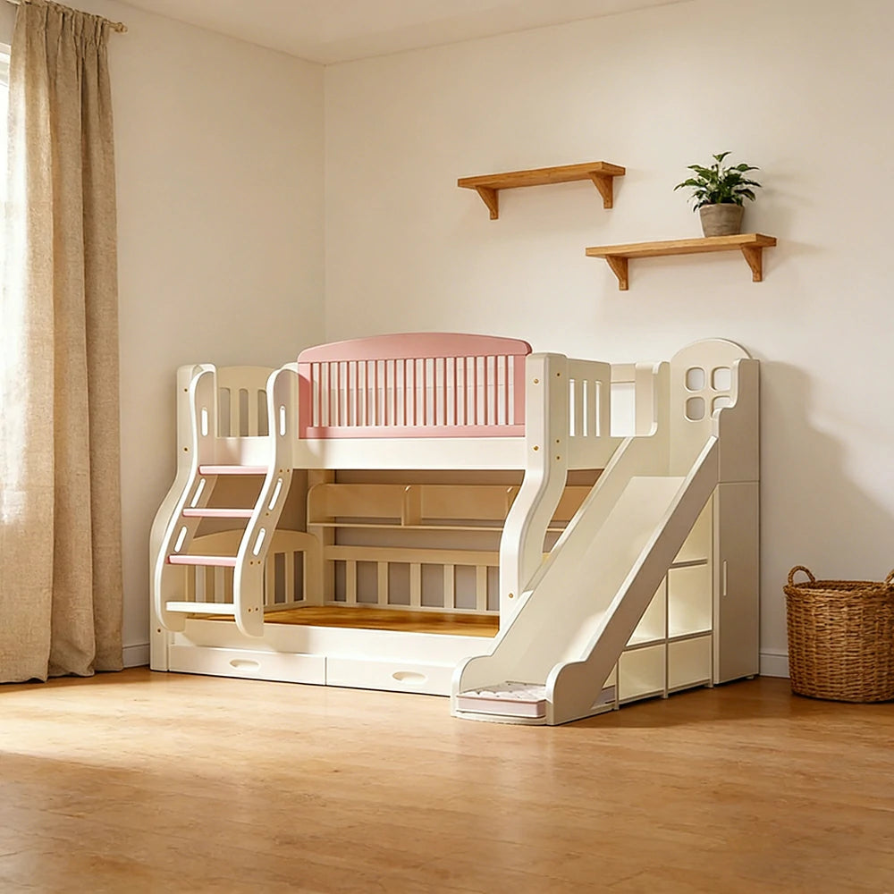 LUXORA 120/135/150cm Kids Slide & Ladder Bed - Grow-With-Your-Child Design, Solid Wood Frame, Safe Play and Sleep Combo - Pink