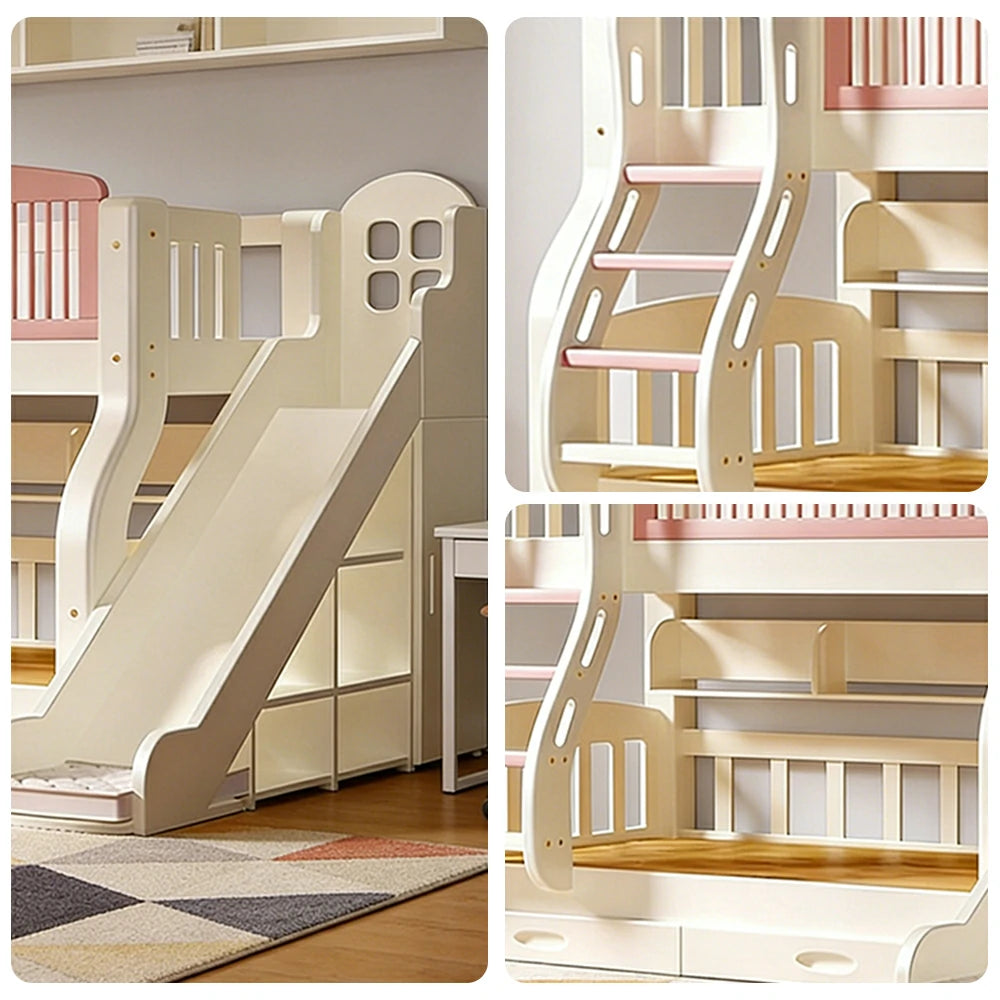 LUXORA 120/135/150cm Kids Slide & Ladder Bed - Grow-With-Your-Child Design, Solid Wood Frame, Safe Play and Sleep Combo - Pink