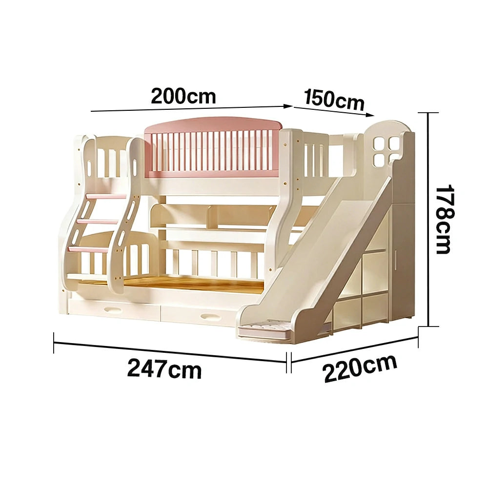 LUXORA 120/135/150cm Kids Slide & Ladder Bed - Grow-With-Your-Child Design, Solid Wood Frame, Safe Play and Sleep Combo - Pink