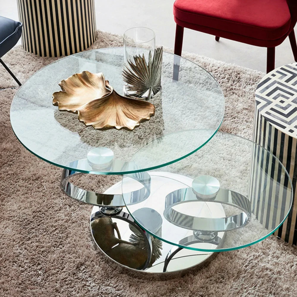 LUXORA Rotating Coffee Table Multi-Layer Design Tempered Glass Mirror-Finished Stainless Steel Frame Artistic Flair