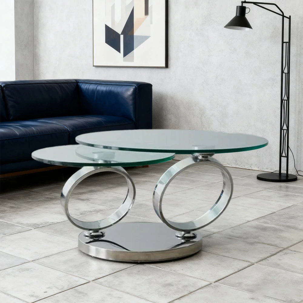 LUXORA Rotating Coffee Table Multi-Layer Design Tempered Glass Mirror-Finished Stainless Steel Frame Artistic Flair
