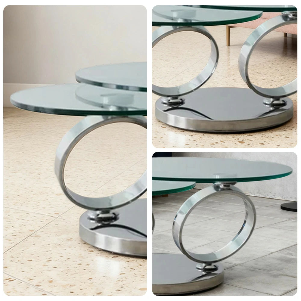 LUXORA Rotating Coffee Table Multi-Layer Design Tempered Glass Mirror-Finished Stainless Steel Frame Artistic Flair