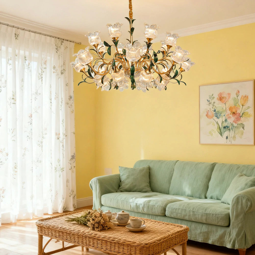 LIVARA Gold Floral Glass Chandelier 12/18/24-Head Warm LED Pendant Light, Handcrafted Vintage Flower Design for Living Room Bedroom Dining Room