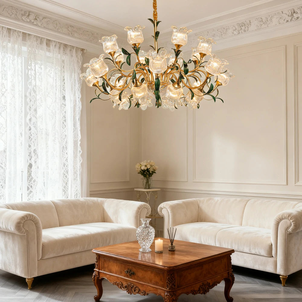 LIVARA Gold Floral Glass Chandelier 12/18/24-Head Warm LED Pendant Light, Handcrafted Vintage Flower Design for Living Room Bedroom Dining Room