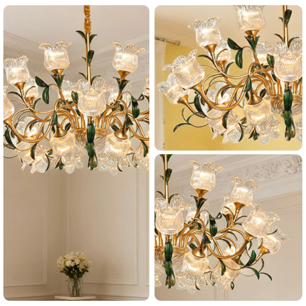 LIVARA Gold Floral Glass Chandelier 12/18/24-Head Warm LED Pendant Light, Handcrafted Vintage Flower Design for Living Room Bedroom Dining Room