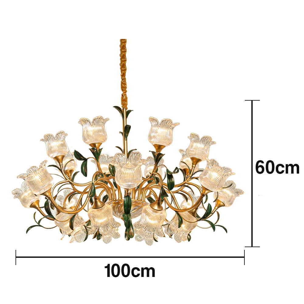 LIVARA Gold Floral Glass Chandelier 12/18/24-Head Warm LED Pendant Light, Handcrafted Vintage Flower Design for Living Room Bedroom Dining Room