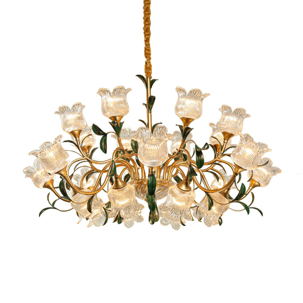 LIVARA Gold Floral Glass Chandelier 12/18/24-Head Warm LED Pendant Light, Handcrafted Vintage Flower Design for Living Room Bedroom Dining Room
