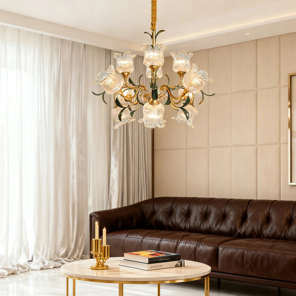 LIVARA Gold Floral Glass Chandelier 12/18/24-Head Warm LED Pendant Light, Handcrafted Vintage Flower Design for Living Room Bedroom Dining Room