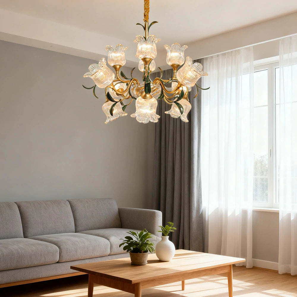 LIVARA Gold Floral Glass Chandelier 12/18/24-Head Warm LED Pendant Light, Handcrafted Vintage Flower Design for Living Room Bedroom Dining Room