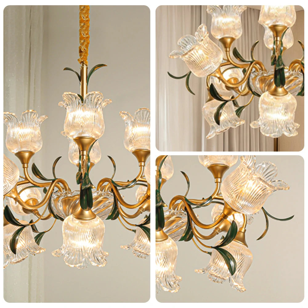 LIVARA Gold Floral Glass Chandelier 12/18/24-Head Warm LED Pendant Light, Handcrafted Vintage Flower Design for Living Room Bedroom Dining Room