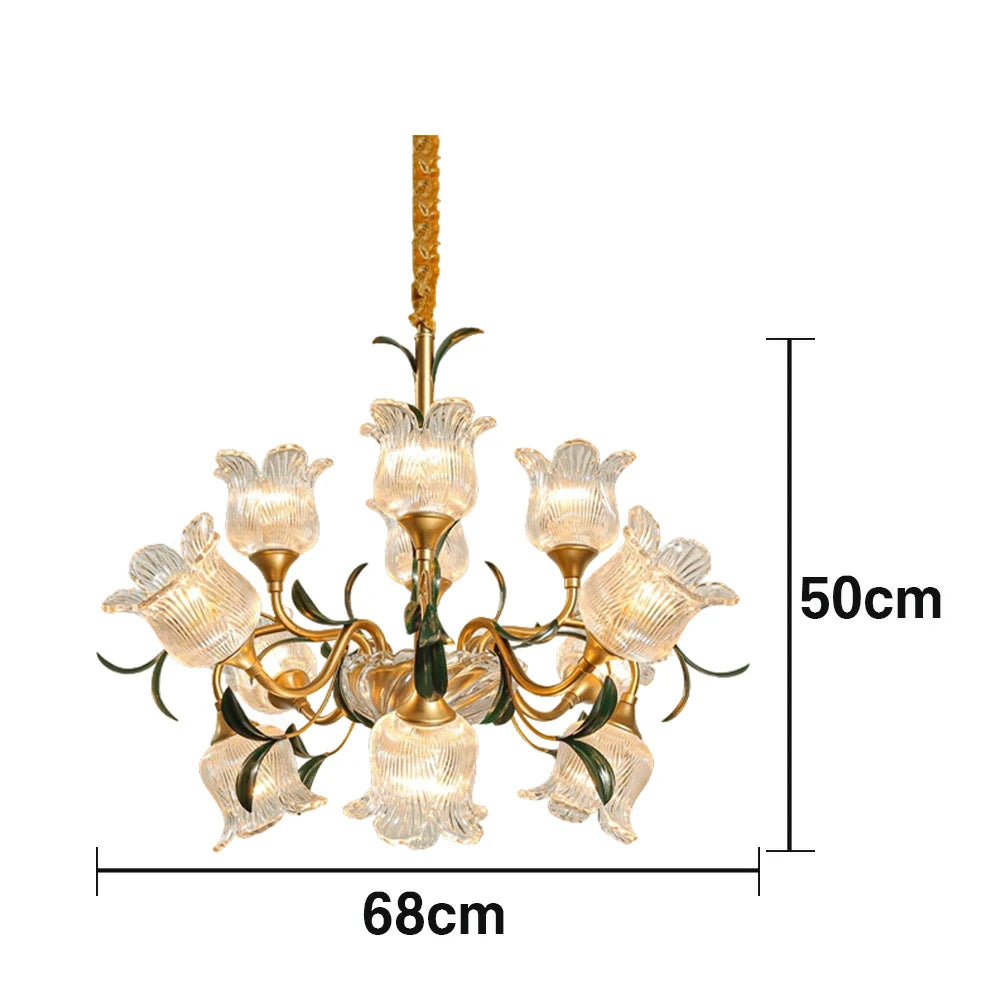 LIVARA Gold Floral Glass Chandelier 12/18/24-Head Warm LED Pendant Light, Handcrafted Vintage Flower Design for Living Room Bedroom Dining Room