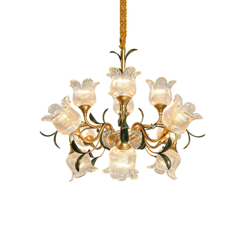 LIVARA Gold Floral Glass Chandelier 12/18/24-Head Warm LED Pendant Light, Handcrafted Vintage Flower Design for Living Room Bedroom Dining Room