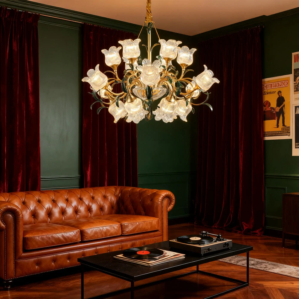 LIVARA Gold Floral Glass Chandelier 12/18/24-Head Warm LED Pendant Light, Handcrafted Vintage Flower Design for Living Room Bedroom Dining Room